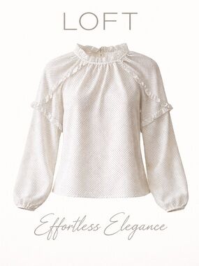 Loft Swiss Dot Blouse White Ruffle Neck Sheer Polka Dot Top Feminine Chic Size M